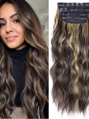 Clip-In Wavy Hair Extensions - Dark Brown with Blonde Highlights, 20 Inches